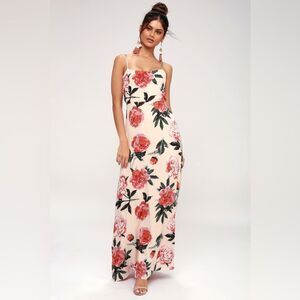 Lulus Santiago Blush Pink Floral Print Backless Maxi Dress Sz M